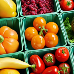 A close-up of assorted fresh produce (vegetables and fruits) arranged inside innovative, eco-friendly packaging that highlights freshness and sustainable materials, emphasizing vibrant colors and textures.