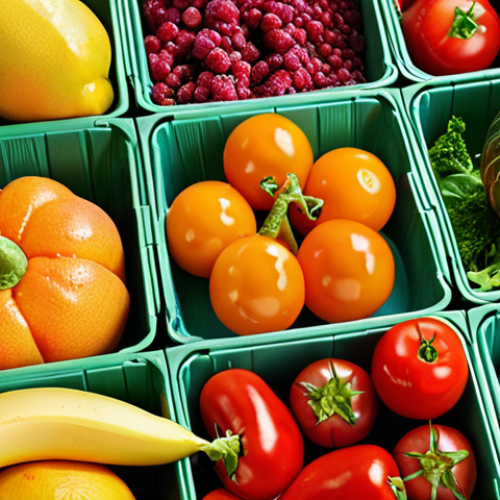 A close-up of assorted fresh produce (vegetables and fruits) arranged inside innovative, eco-friendly packaging that highlights freshness and sustainable materials, emphasizing vibrant colors and textures.