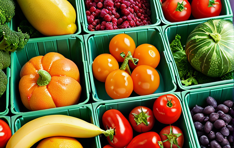 A close-up of assorted fresh produce (vegetables and fruits) arranged inside innovative, eco-friendly packaging that highlights freshness and sustainable materials, emphasizing vibrant colors and textures.