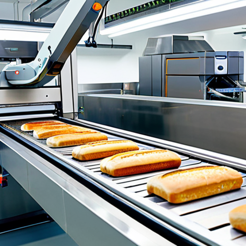 A professional-grade robotic arm precisely handling freshly baked loaves of bread on a sterile conveyor belt in a highly automated, clean food production factory. An AI vision system with integrated cameras is visible overhead, meticulously scanning the products for quality control. The environment is brightly lit and modern, showcasing advanced industrial automation. Focus on the sophisticated machinery and the hygienic process. Professional photography, high detail, perfect anatomy, correct proportions, well-formed mechanical parts, safe for work, appropriate content, fully clothed, professional.