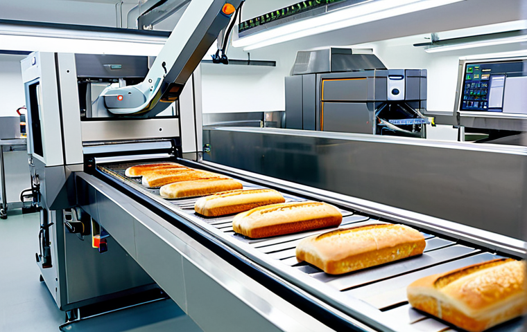 A professional-grade robotic arm precisely handling freshly baked loaves of bread on a sterile conveyor belt in a highly automated, clean food production factory. An AI vision system with integrated cameras is visible overhead, meticulously scanning the products for quality control. The environment is brightly lit and modern, showcasing advanced industrial automation. Focus on the sophisticated machinery and the hygienic process. Professional photography, high detail, perfect anatomy, correct proportions, well-formed mechanical parts, safe for work, appropriate content, fully clothed, professional.