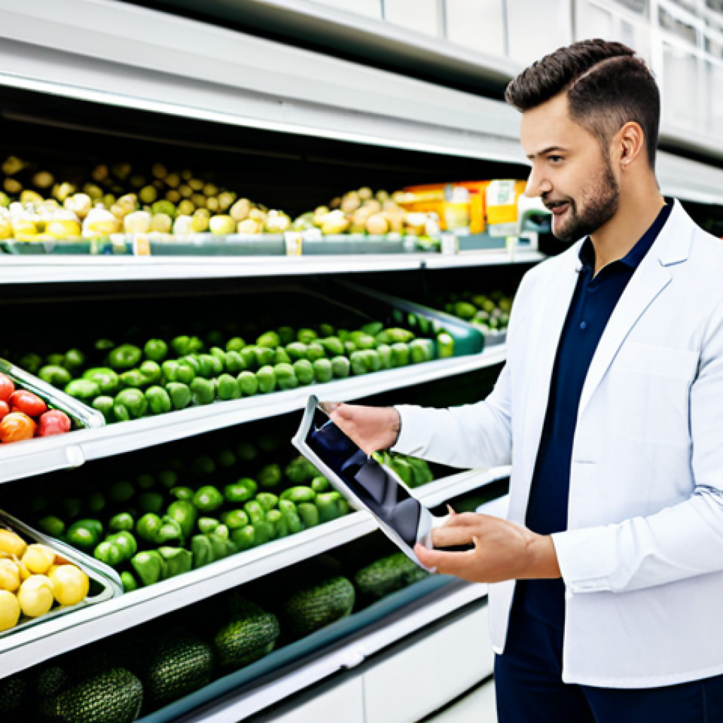 A professional male food supply chain manager in a modest business casual attire, standing in a brightly lit, modern food distribution center. He holds a digital tablet displaying an interactive blockchain-based food traceability system, with virtual data streams connecting images of a farm and a supermarket in the background. The environment features clean lines and organized shelves of fresh produce. Perfect anatomy, correct proportions, natural pose, well-formed hands, proper finger count, natural body proportions. High-resolution professional photography, natural lighting. Fully clothed, appropriate attire, safe for work, appropriate content, professional.