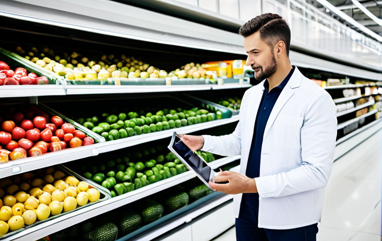 A professional male food supply chain manager in a modest business casual attire, standing in a brightly lit, modern food distribution center. He holds a digital tablet displaying an interactive blockchain-based food traceability system, with virtual data streams connecting images of a farm and a supermarket in the background. The environment features clean lines and organized shelves of fresh produce. Perfect anatomy, correct proportions, natural pose, well-formed hands, proper finger count, natural body proportions. High-resolution professional photography, natural lighting. Fully clothed, appropriate attire, safe for work, appropriate content, professional.