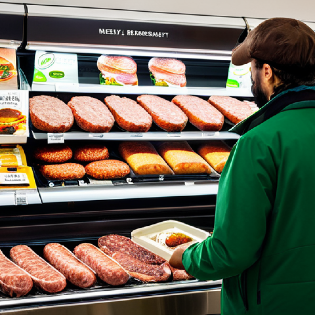 Plant-Based Meat Transformation**

"A modern supermarket display featuring a variety of plant-based meat alternatives (burgers, sausages, deli slices), vibrant and appealing packaging, next to traditional meat products, fully clothed shoppers browsing, bright store lighting, safe for work, appropriate content, professional product photography, natural proportions, well-formed hands, focus on the product displays, family-friendly, modest marketing, high quality."

**