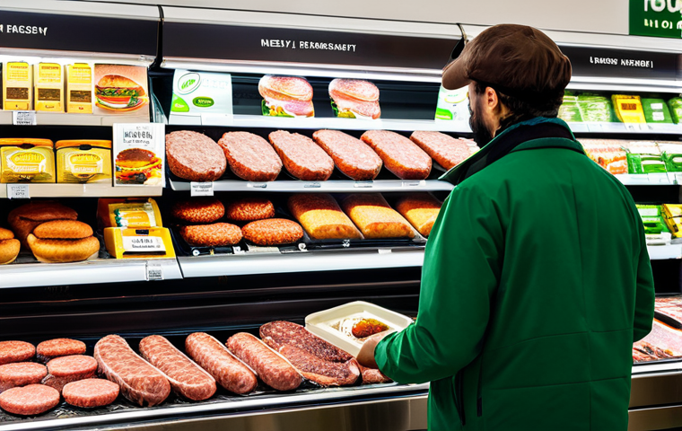 Plant-Based Meat Transformation**
"A modern supermarket display featuring a variety of plant-based meat alternatives (burgers, sausages, deli slices), vibrant and appealing packaging, next to traditional meat products, fully clothed shoppers browsing, bright store lighting, safe for work, appropriate content, professional product photography, natural proportions, well-formed hands, focus on the product displays, family-friendly, modest marketing, high quality."
**