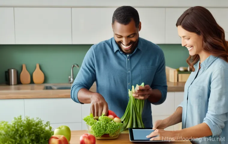 식품 유해물질 제거 기술 - A bright and airy modern kitchen scene where a diverse family (mother, father, and a school-aged chi...