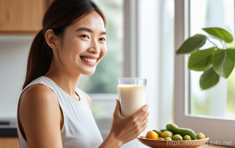식품 가공에서의 고압 균질화 - **Prompt 1: The Enhanced Nutrition of Soy Milk**
A vibrant, sunlit kitchen scene. A fit, healthy...