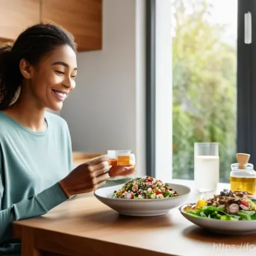 Home 22 식품에서의 오메가3 연구 - They are seated at a clean, well-lit kitchen counter or a bright dining table. In front of them is a...