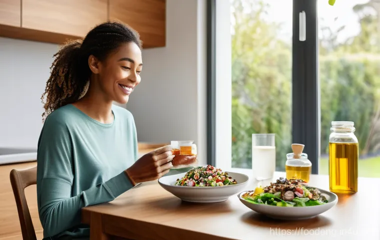 식품에서의 오메가3 연구 - They are seated at a clean, well-lit kitchen counter or a bright dining table. In front of them is a...