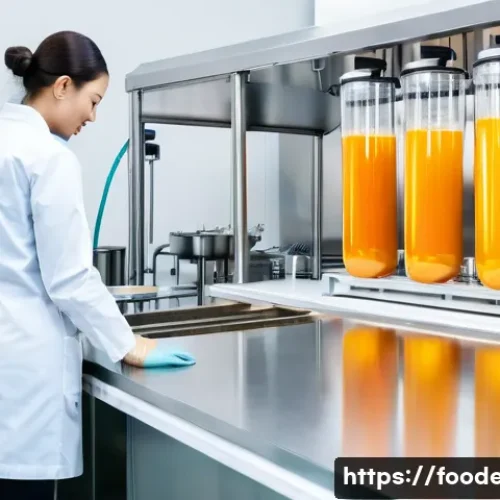 Home 7 식품 가공에서의 초임계 유체 기술 - A bright, modern food science laboratory. In the foreground, a sleek, stainless steel supercritical ...