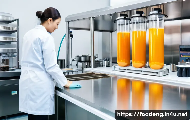 식품 가공에서의 초임계 유체 기술 - A bright, modern food science laboratory. In the foreground, a sleek, stainless steel supercritical ...